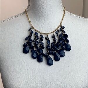 blue faceted bead gold chain bib necklace
